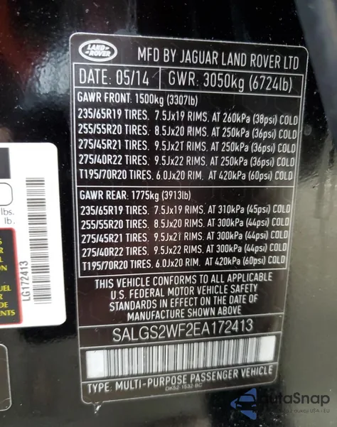 2014 Land Rover Range Rover Hse z USA, uszkodzony, nr VIN SALGS2WF2EA172413